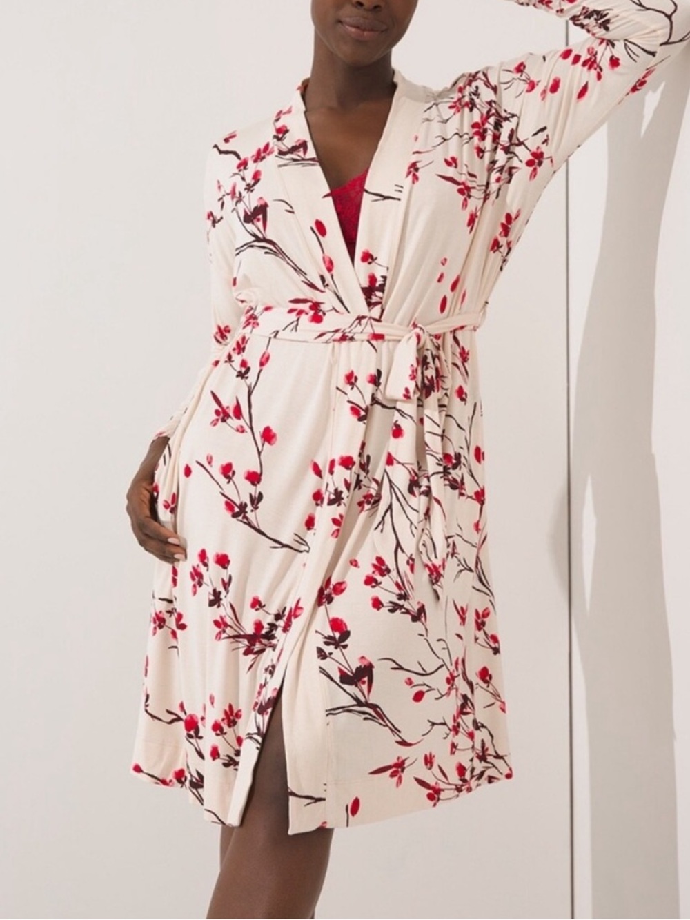 Soma Cream Robe with Red Floral Print - Women Intimates & Sleepwear